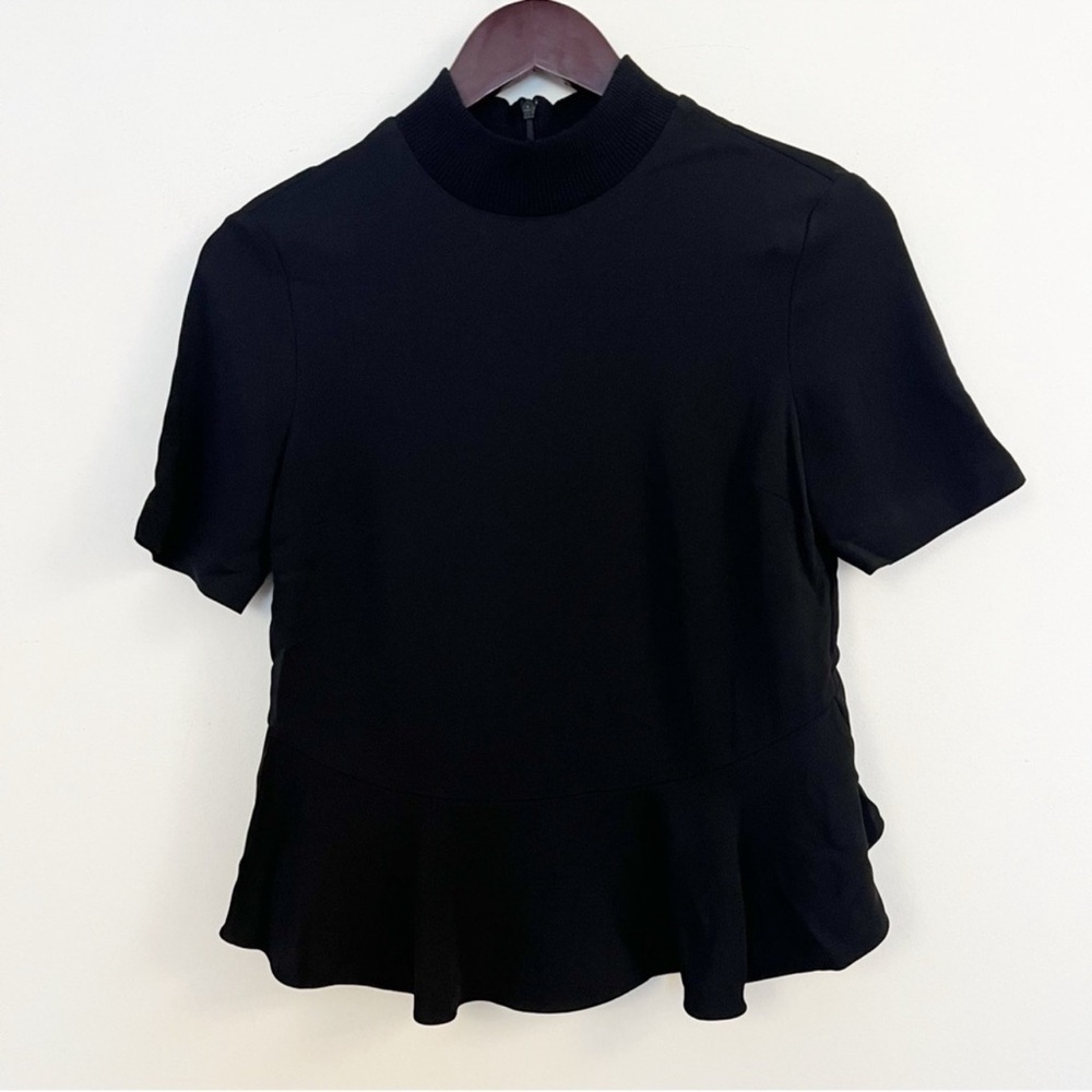 A.L.C. Black Short Sleeve Blouse High Low Ruffle Hem Back Zipper Size 0 (XS)